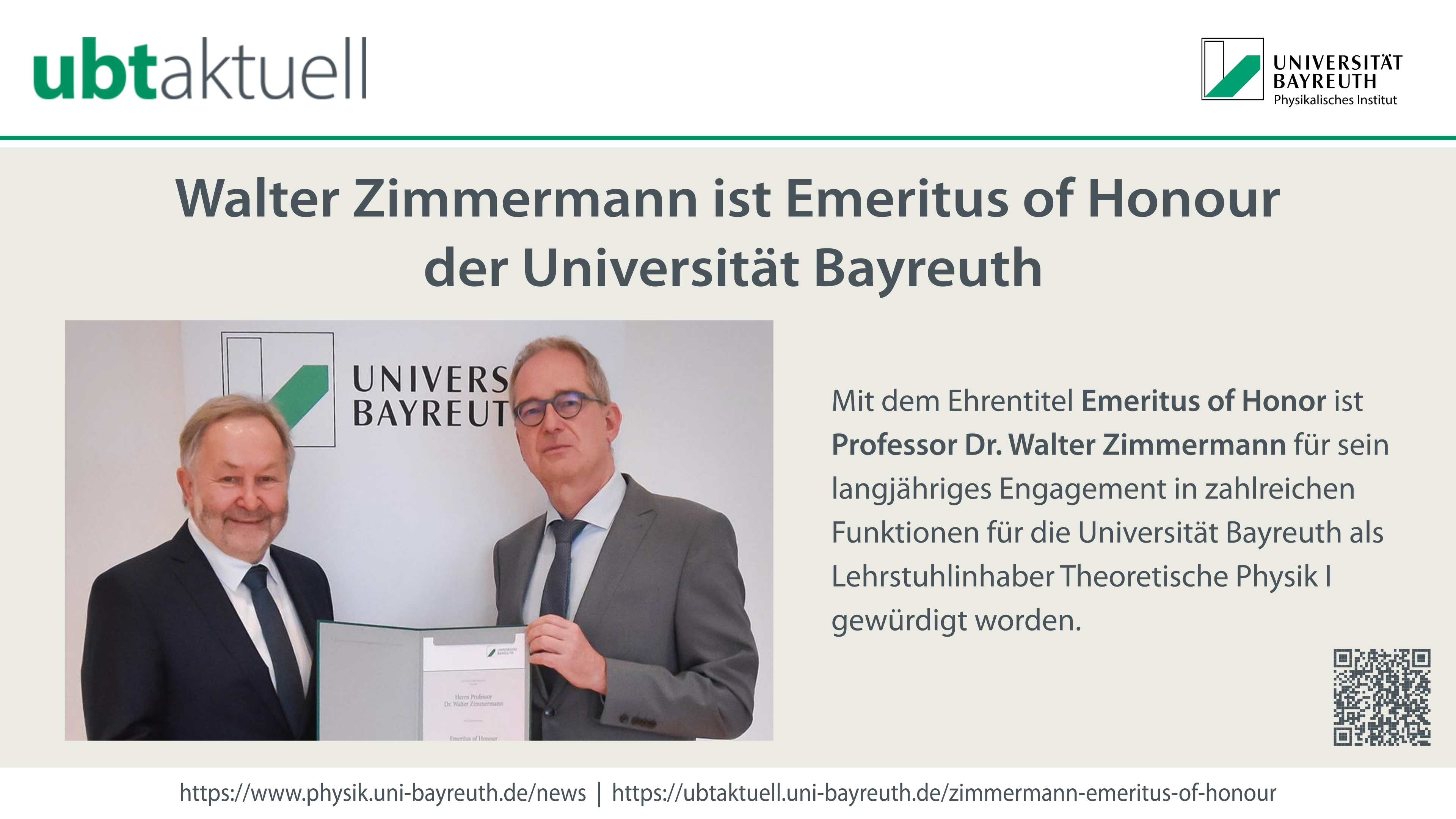 UBTaktuell - Walter Zimmermann ist Emeritus of Honor der Universität Bayreuth