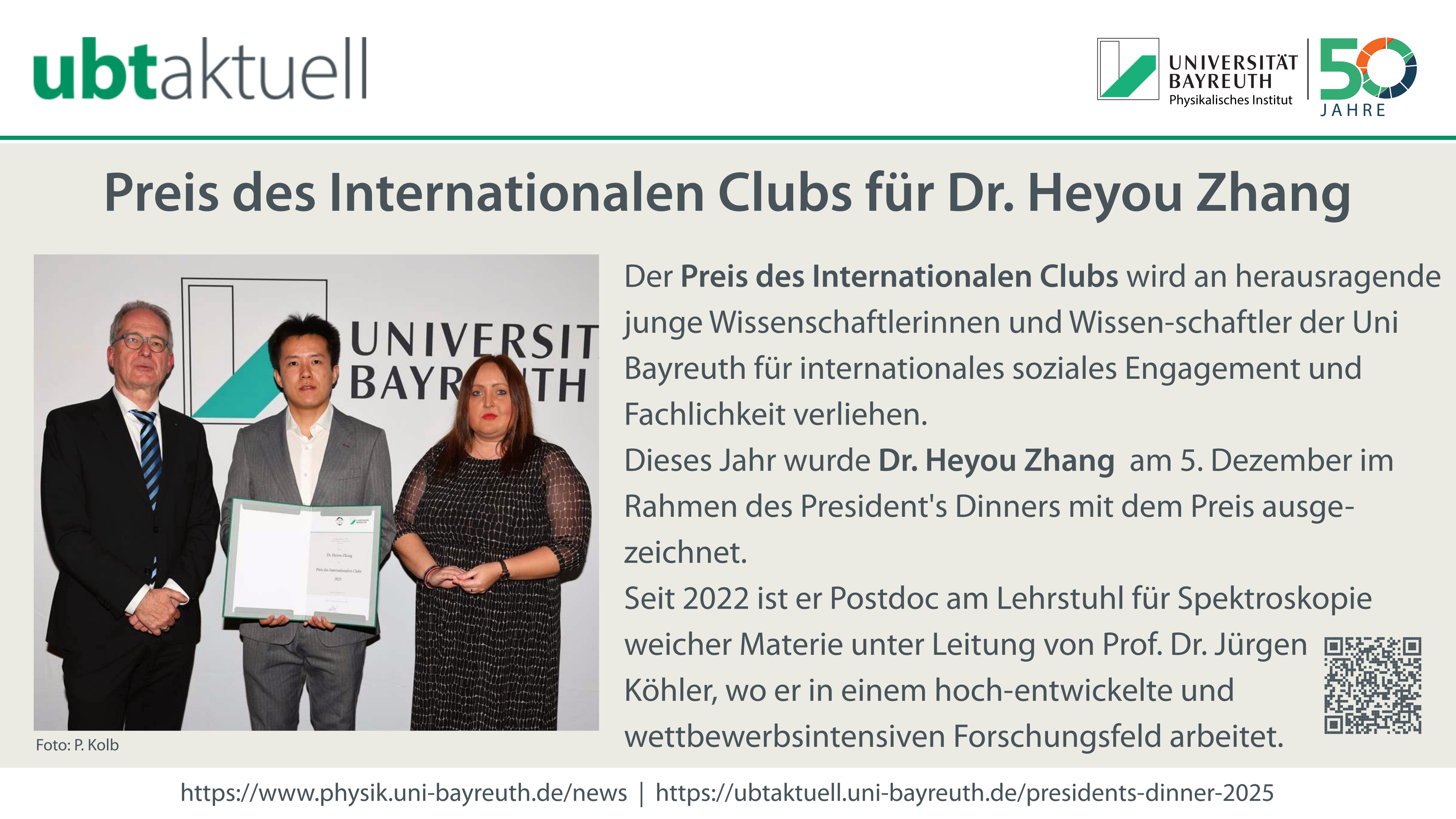 Preis des Internationalen Clubs für Dr. Heyou Zhang