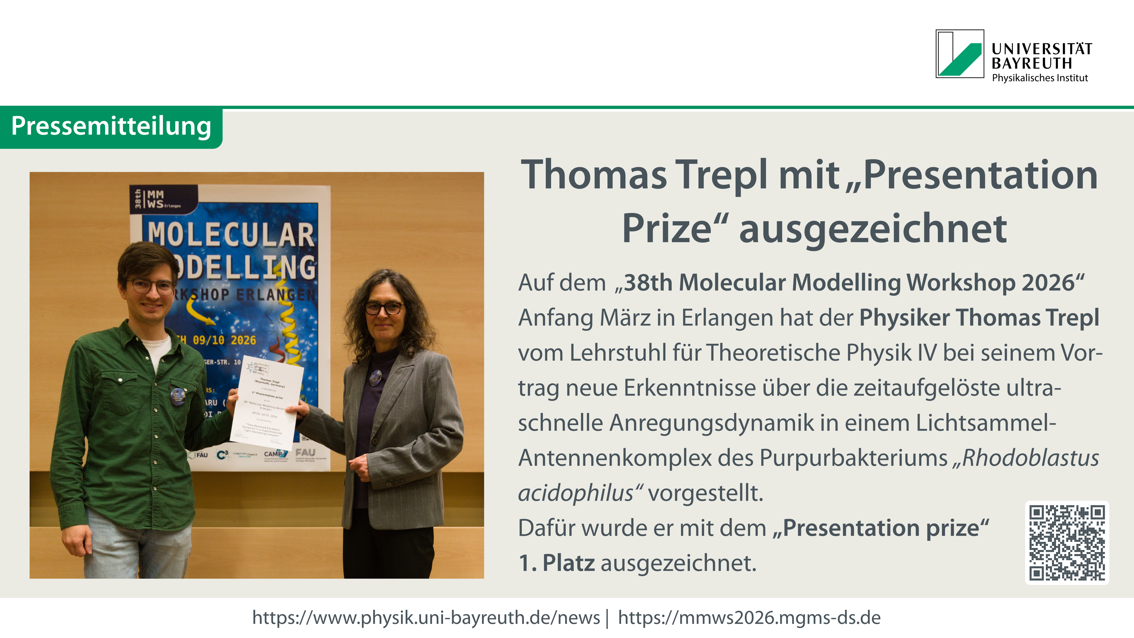 38th Molecular Modelling Workshop 2026 - 1st Presentation prize Thomas Trepl