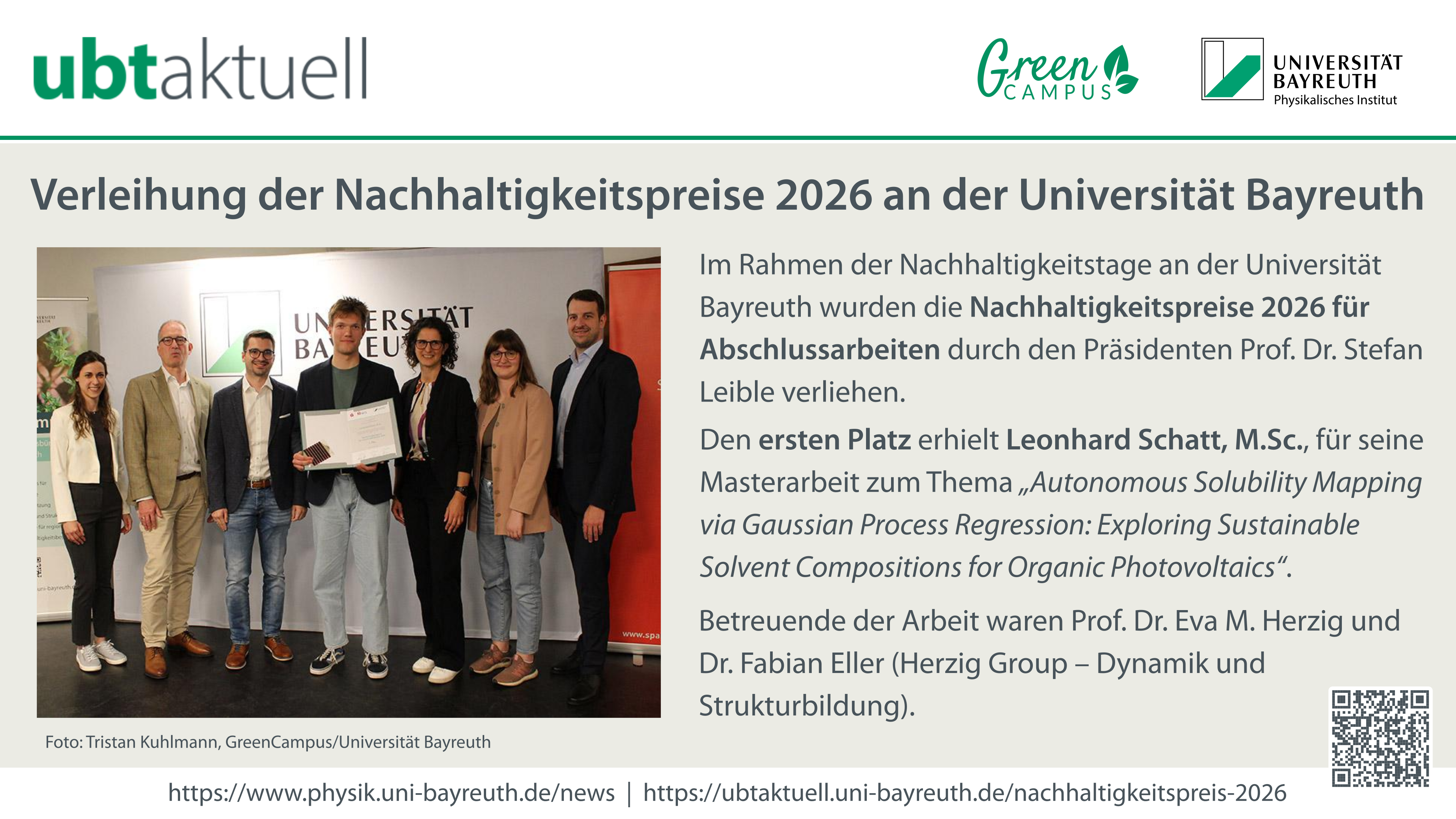 Verleihung der Nachhaltigkeitspreise 2026 an der Universität Bayreuth