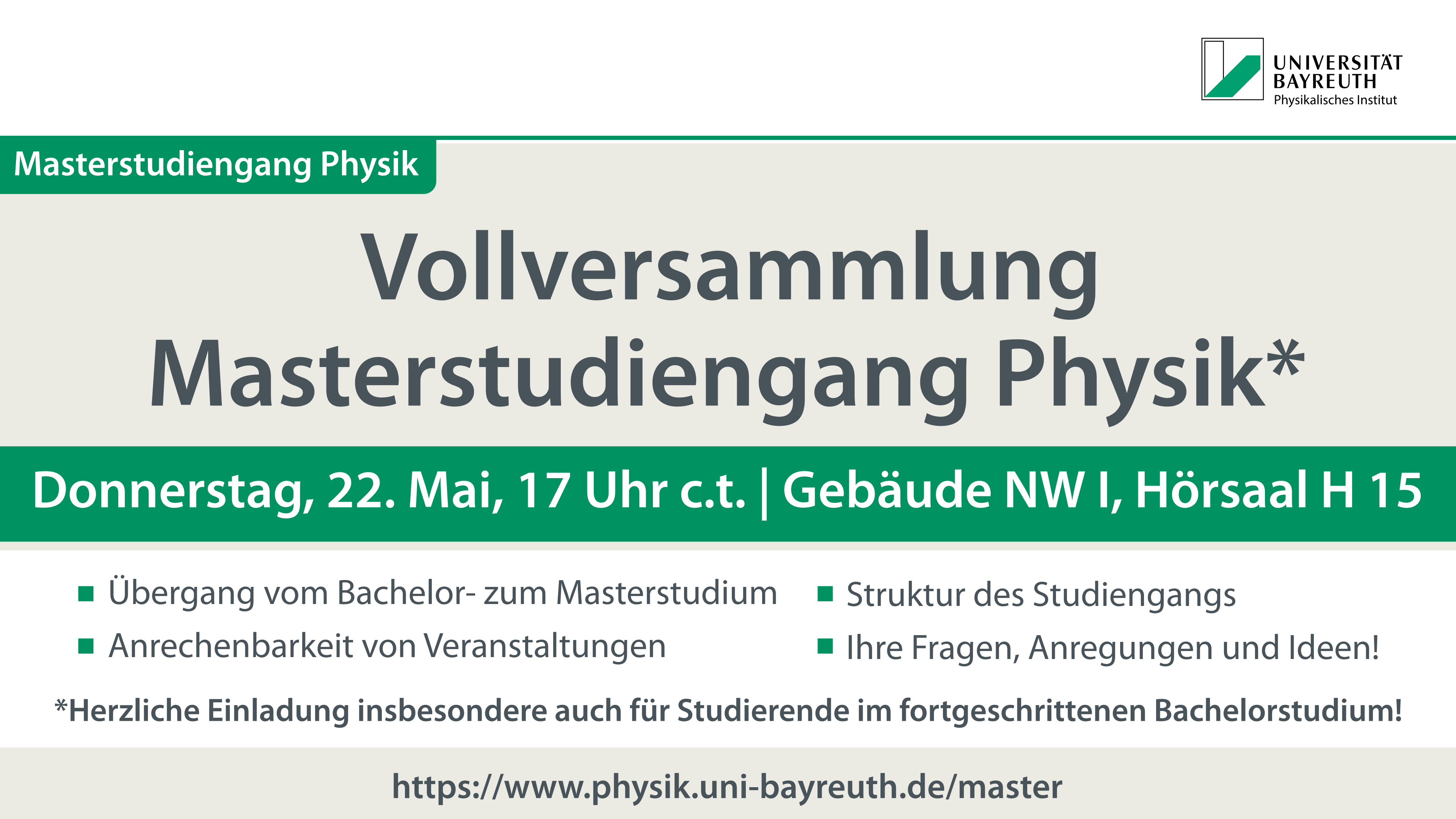 Vollversammlung für den Masterstudiengang Physik am Donnerstag, den 22. Mai